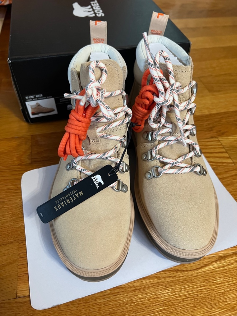 Sorel Beige Suede Hiker Boots with Orange Accents - new in box